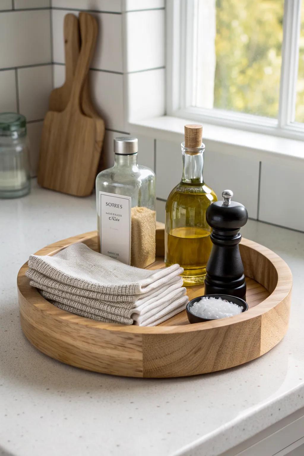 A pretty lazy susan keeps oils, vinegar, salt, pepper & napkins together—clean countertop magic.