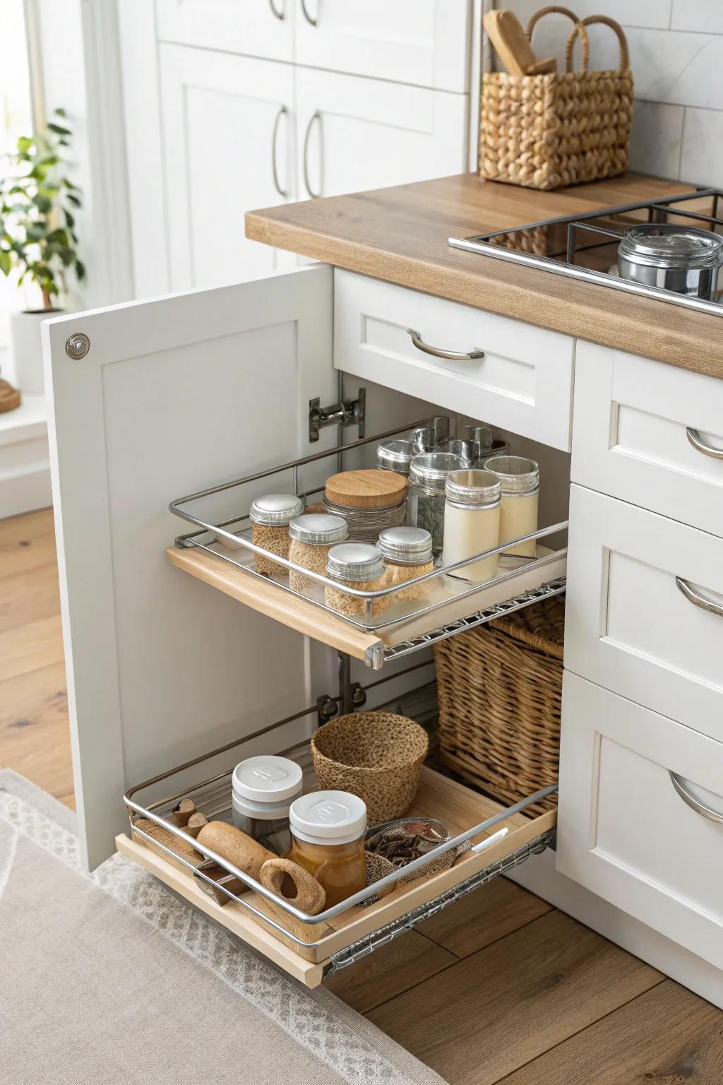 Two-stage blind corner pull-out: smooth access to deep cabinets with minimalist style.