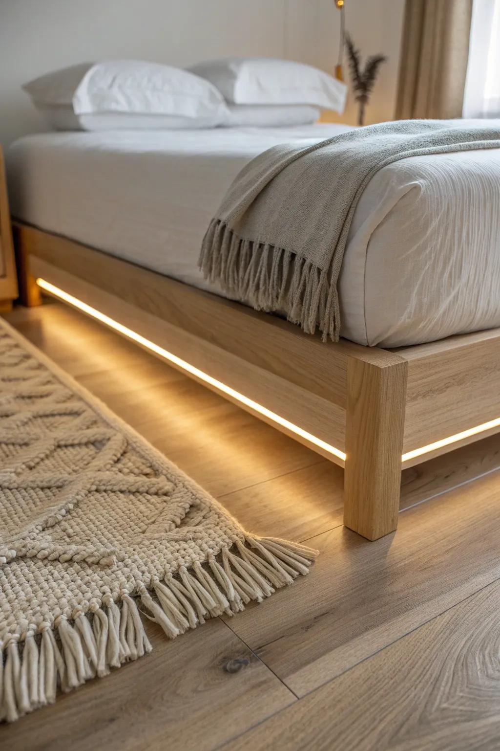 Warm LED strips under the bed create a dreamy floating glow—perfect for tiny bedrooms.