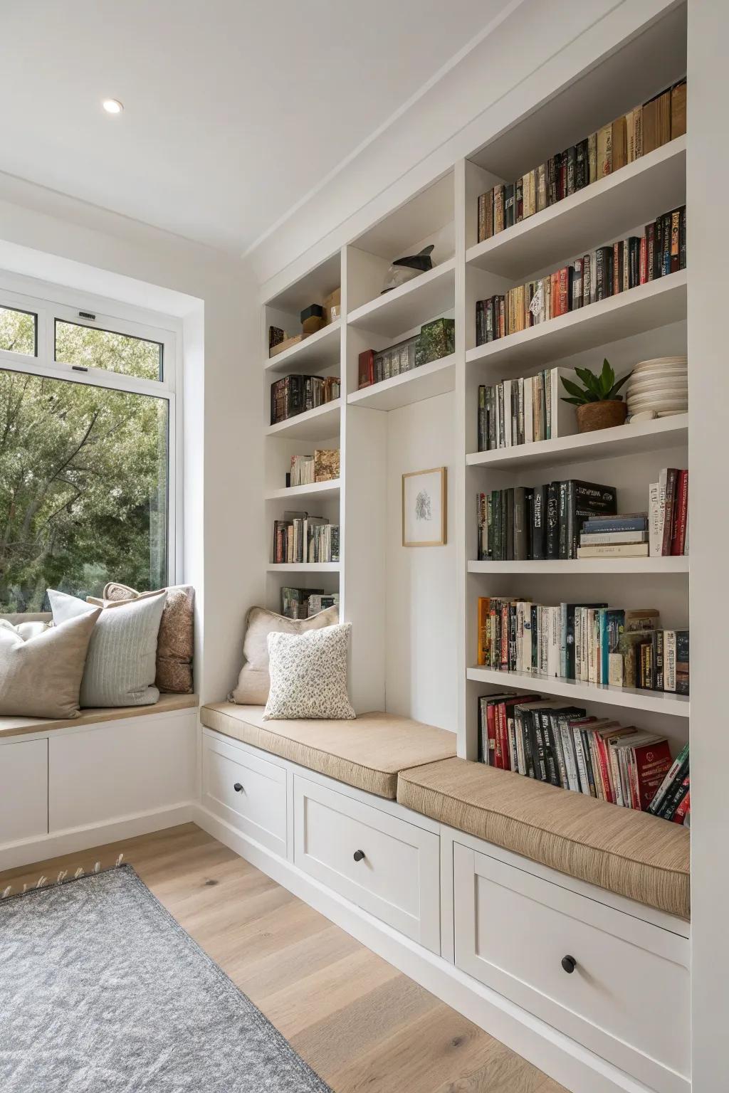 Built-in reading seat framed by floor-to-ceiling shelves—tiny-space library nook, big charm.