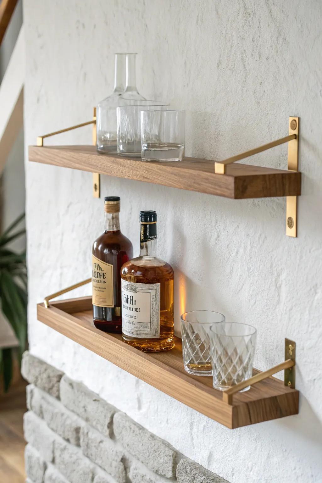 A floating oak liquor shelf above a petite bar cart—small-space bar magic, scandi-boho chic.