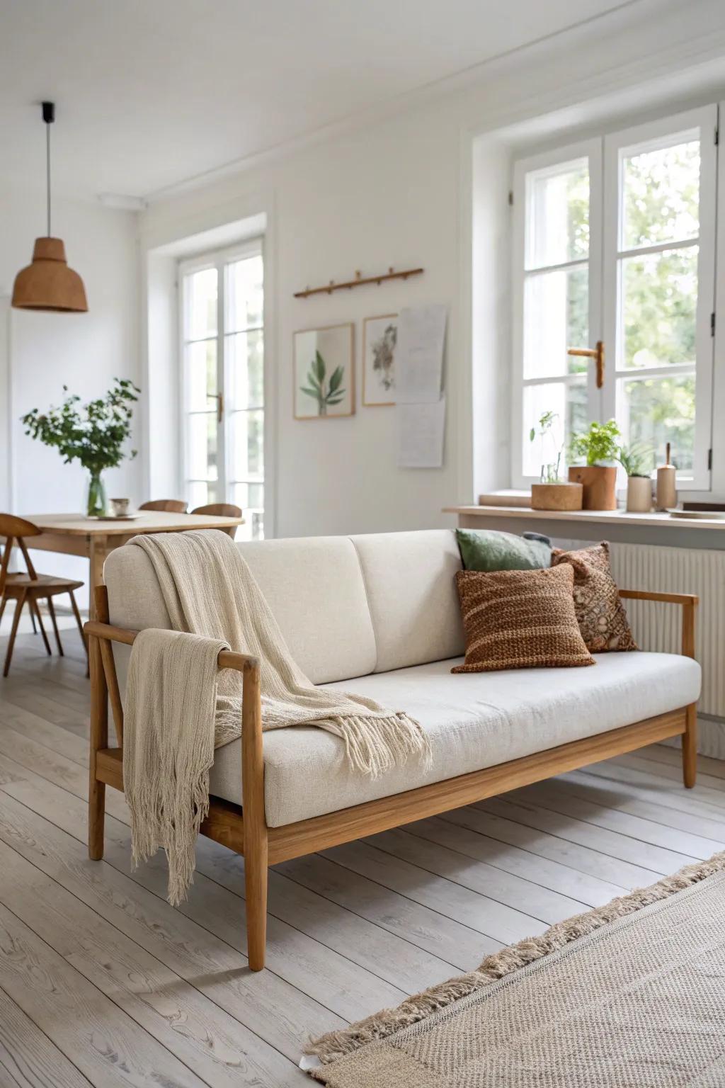 Float the sofa—its back becomes a clean divider while the room stays light and open.