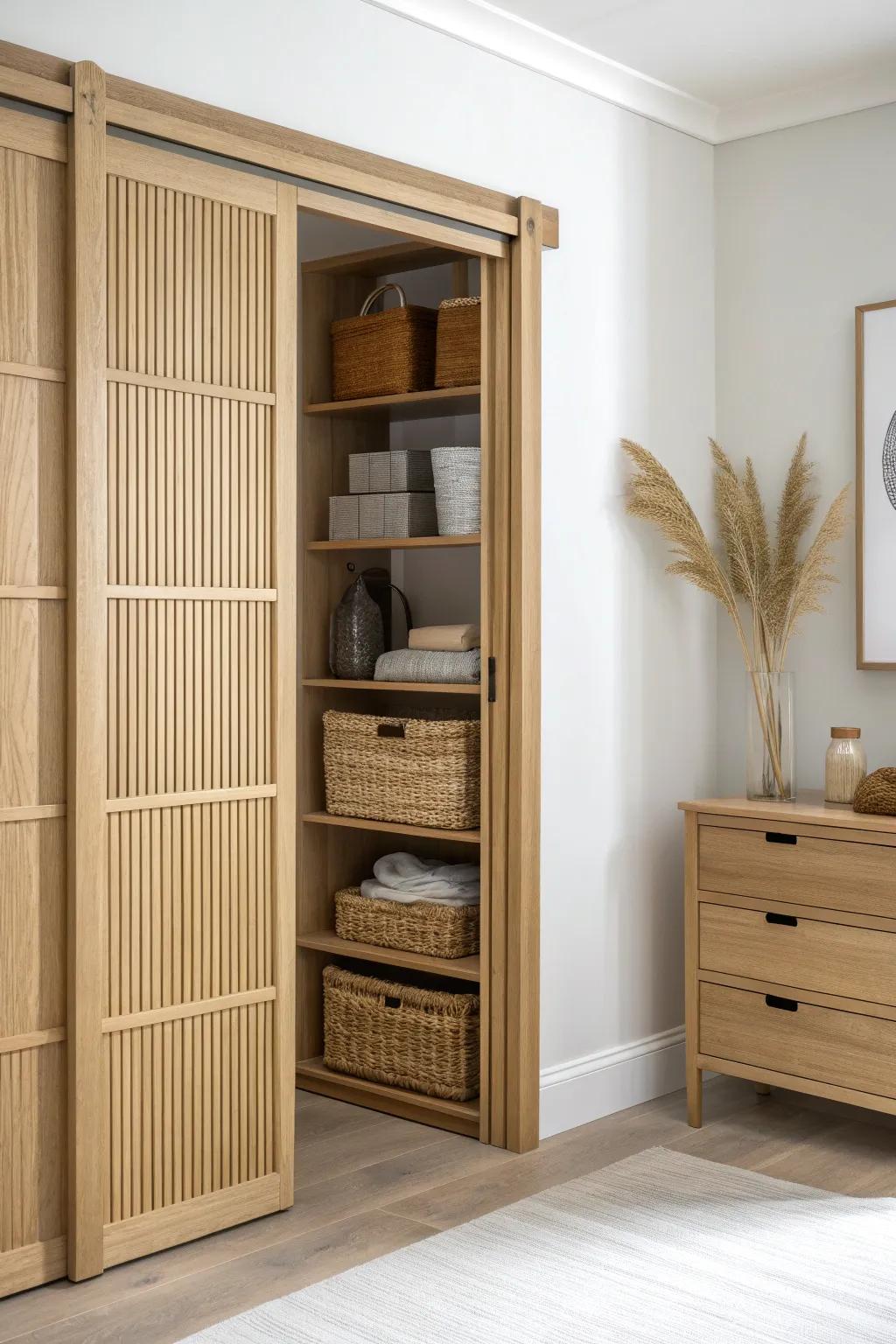 Swap swing doors for sleek sliding panels to keep your living room closet airy and open.