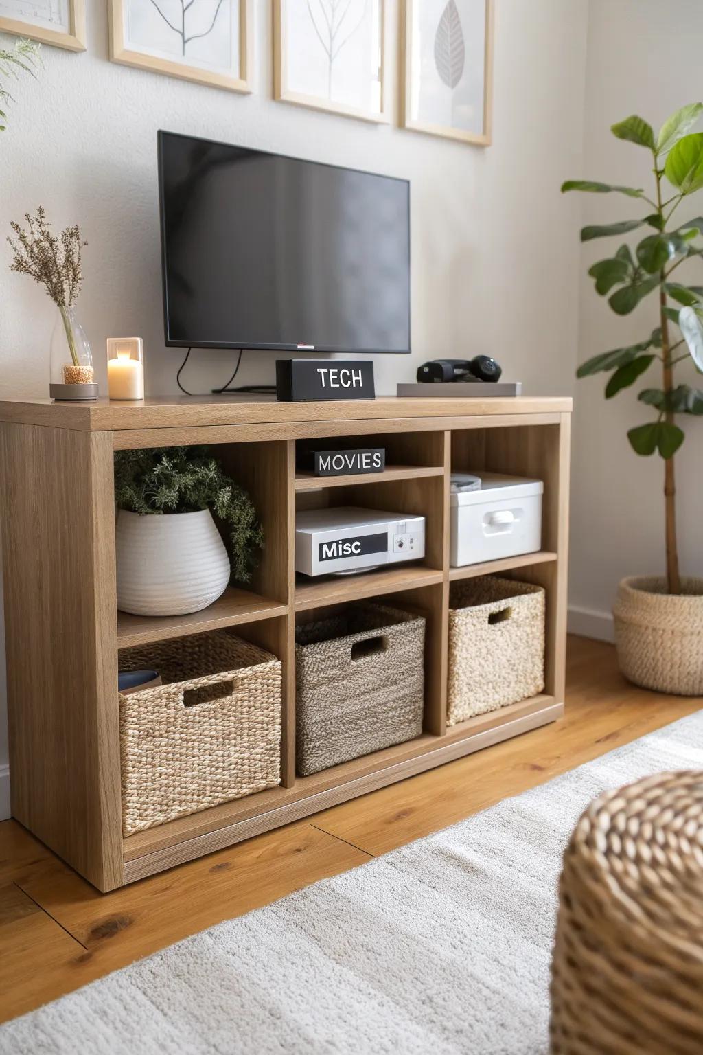 A low cube organizer doubles as a sleek media console—tidy tech, labeled cubes, zero clutter.