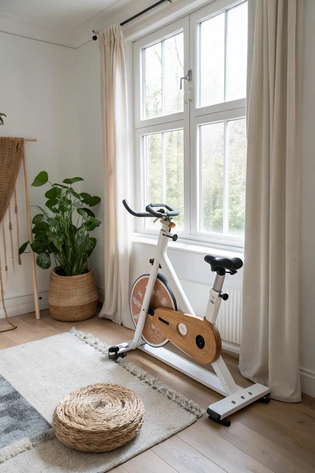 Sunlit cardio corner: a minimalist oak-and-white bike that keeps the living room serene.