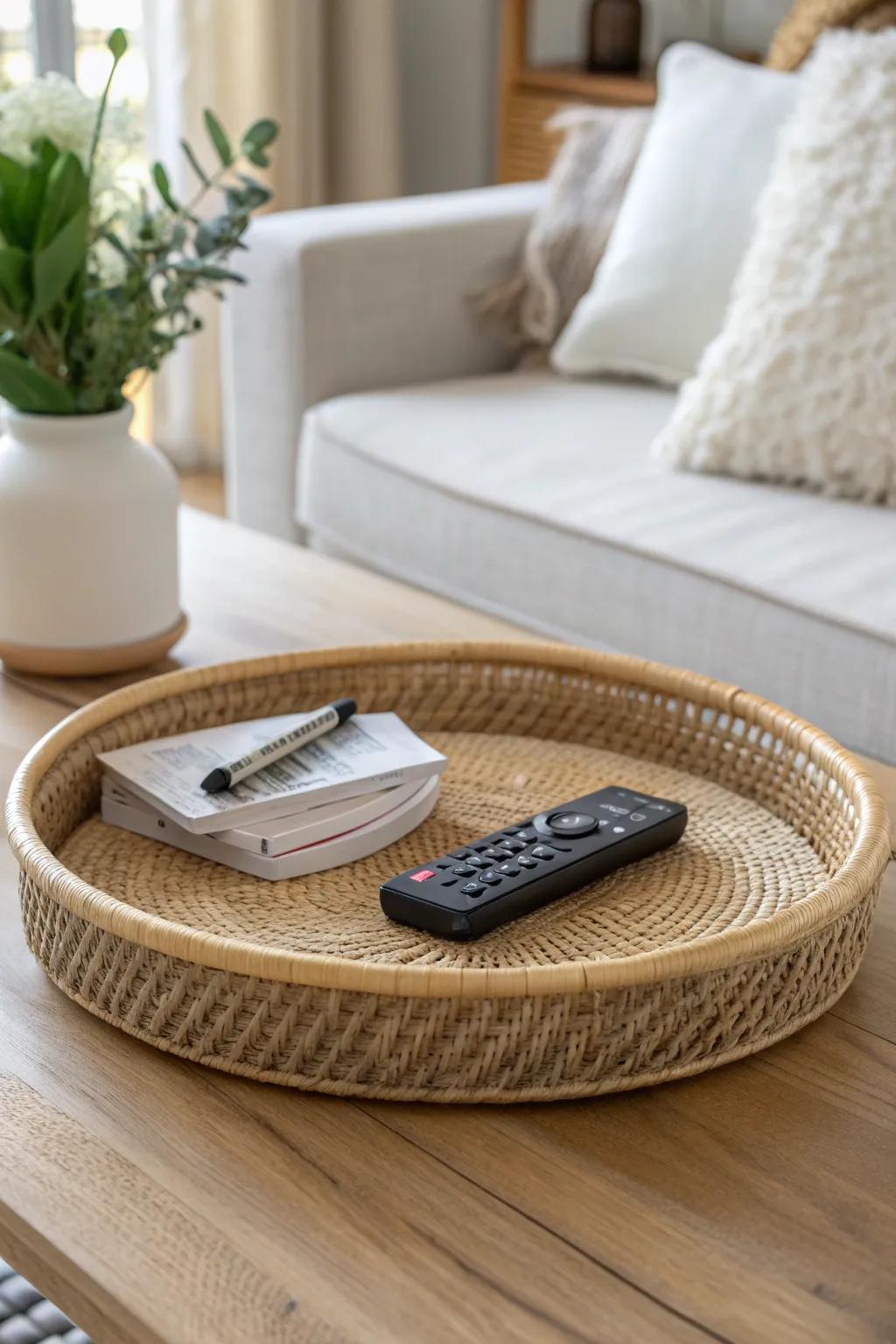 A simple tray gives remotes and coasters a home—lift it to reset your coffee table fast.