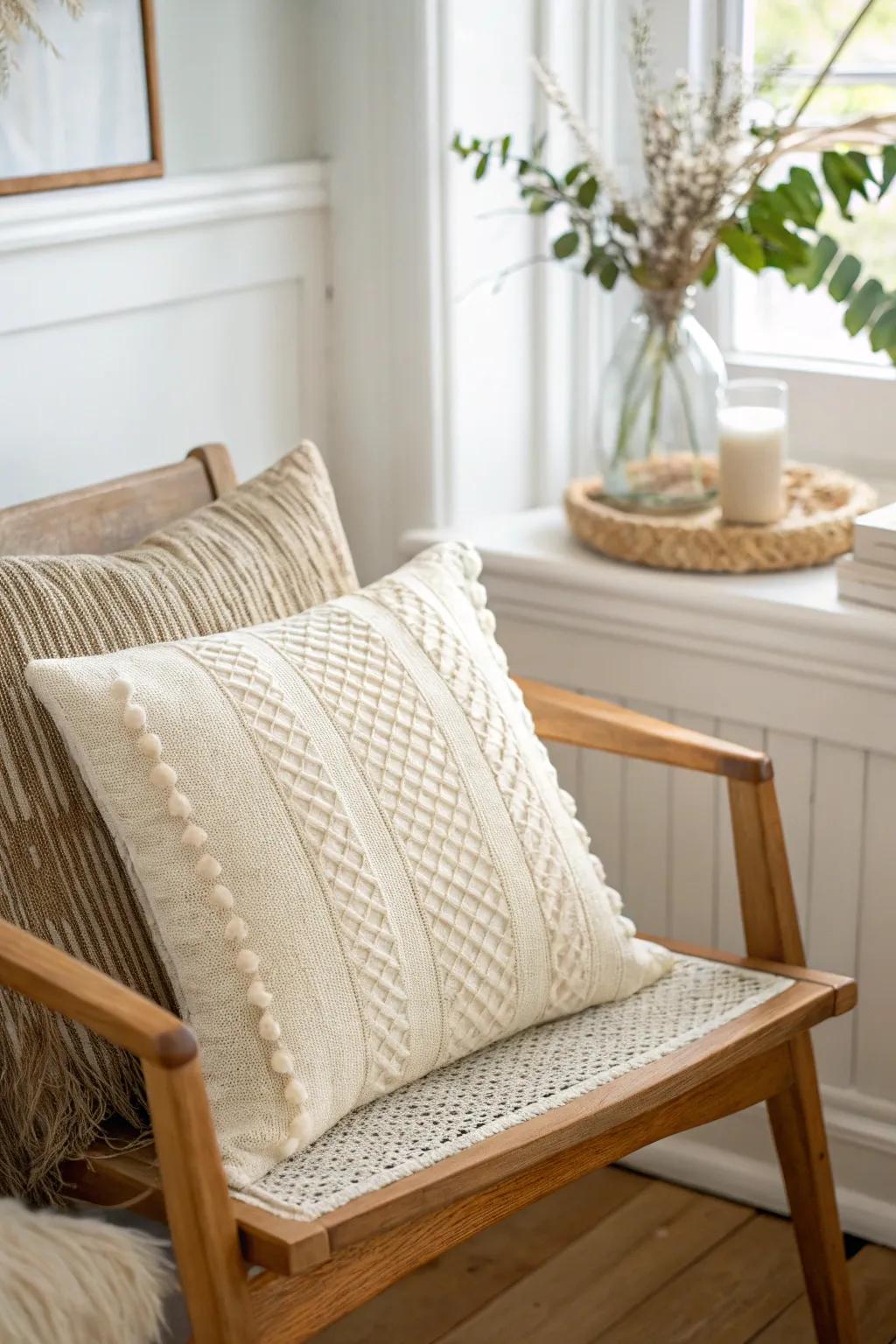 Crisp white walls feel cozy when softened with creamy textiles and warm wood tones.