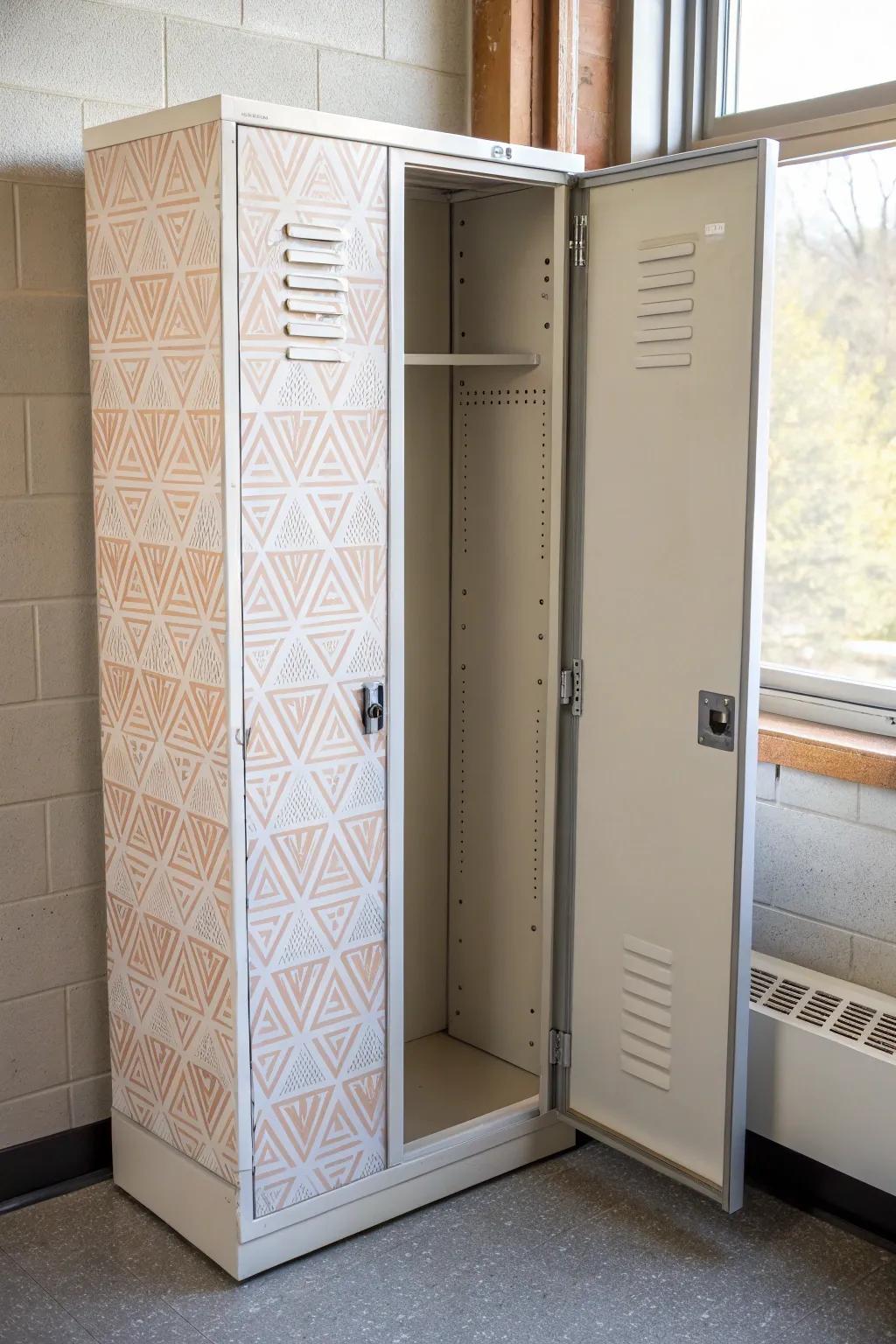 Instant locker glow-up: peel-and-stick paper turns cold metal into cozy in minutes.