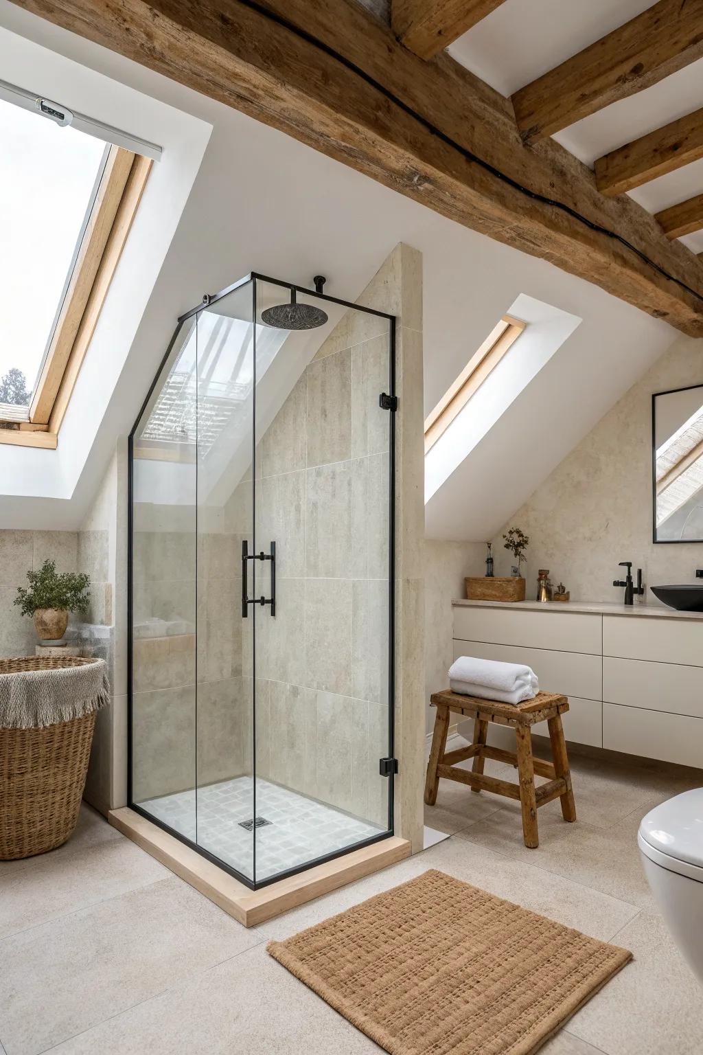 Place the shower where the ceiling is highest—more comfort, better flow, and airy loft style.