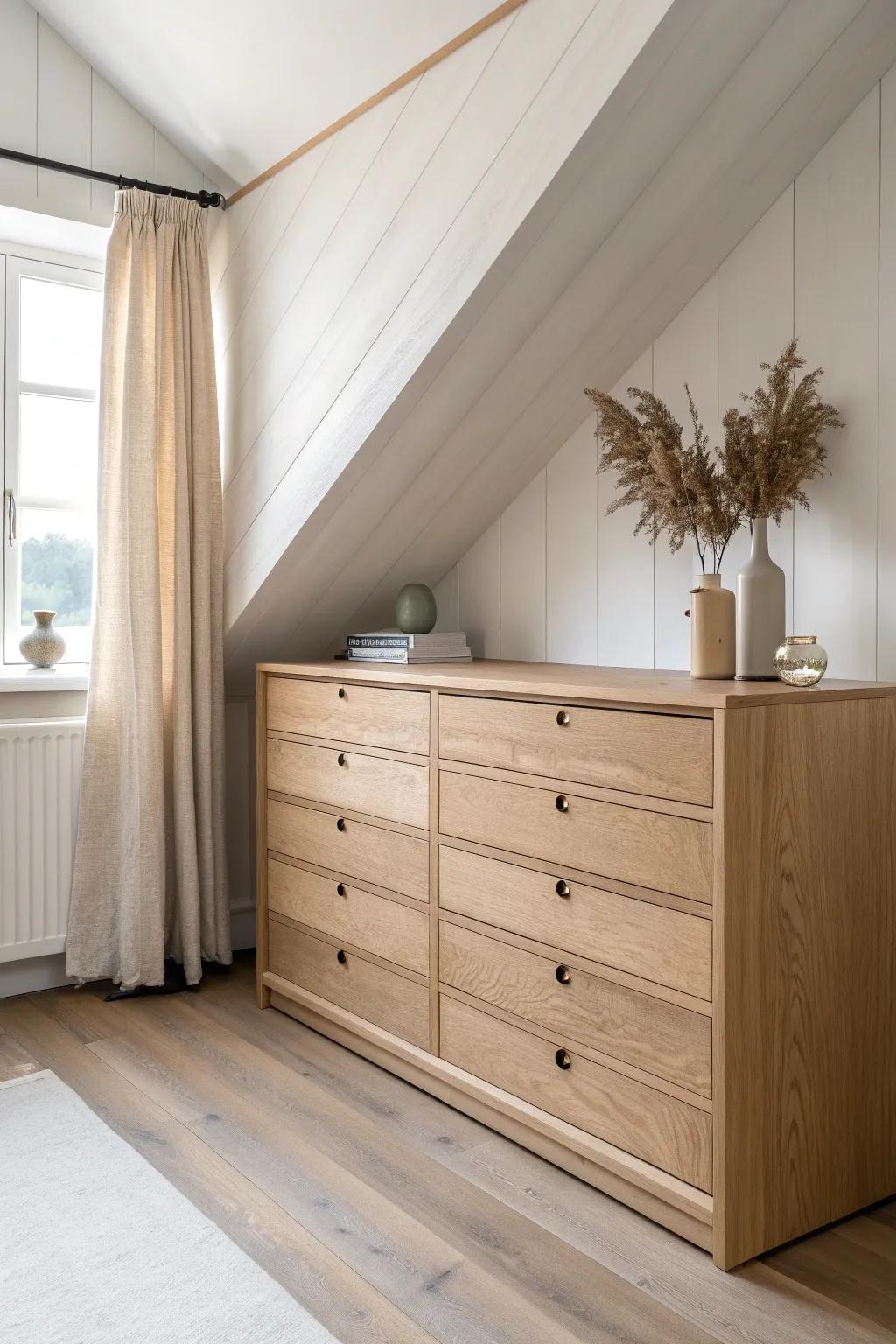 Free space, beautifully used: built-in eaves drawers that replace bulky dressers in loft bedrooms.
