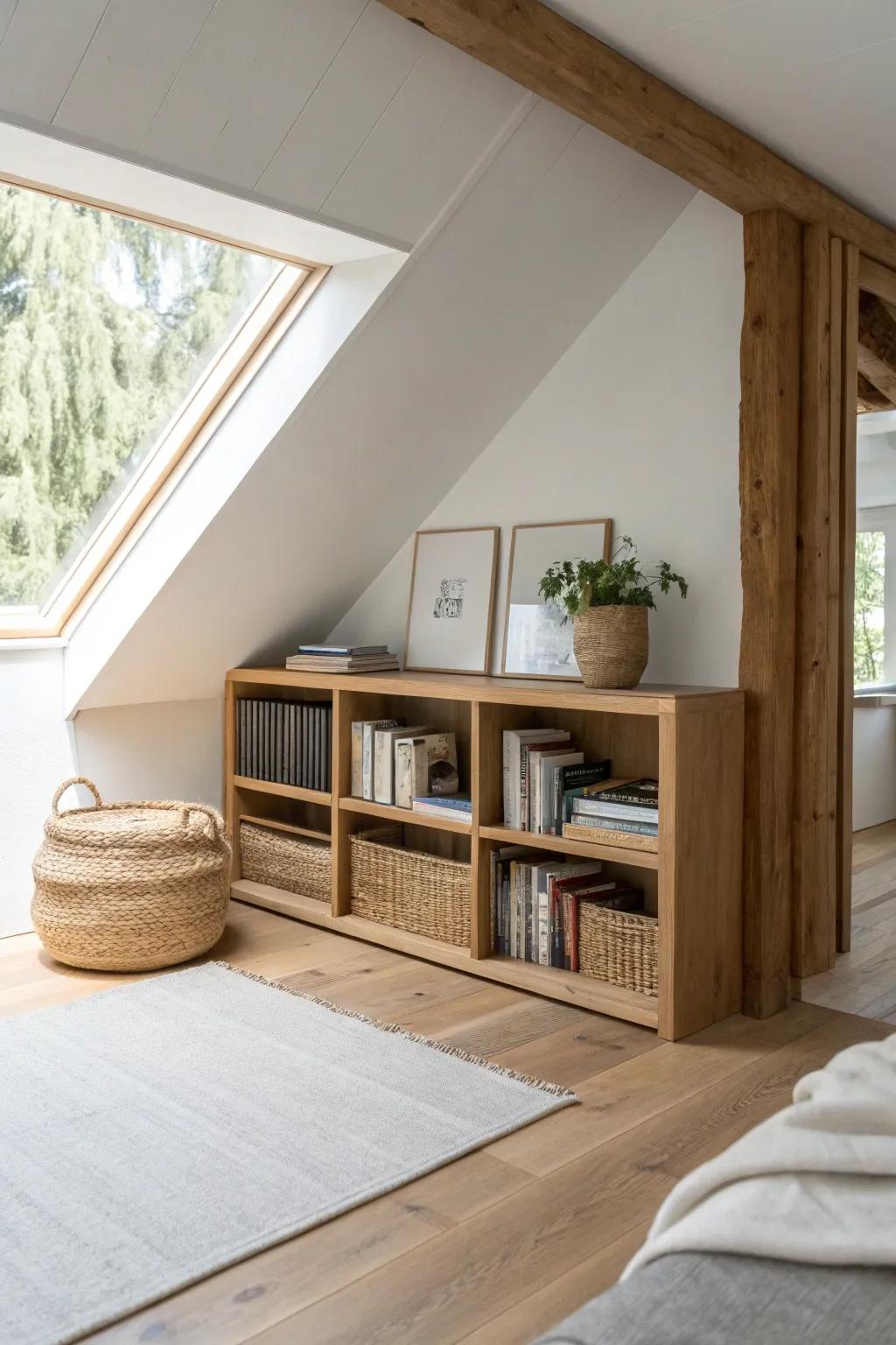 Turn the awkward slope into a cozy loft library with a low shelf that looks built-in.