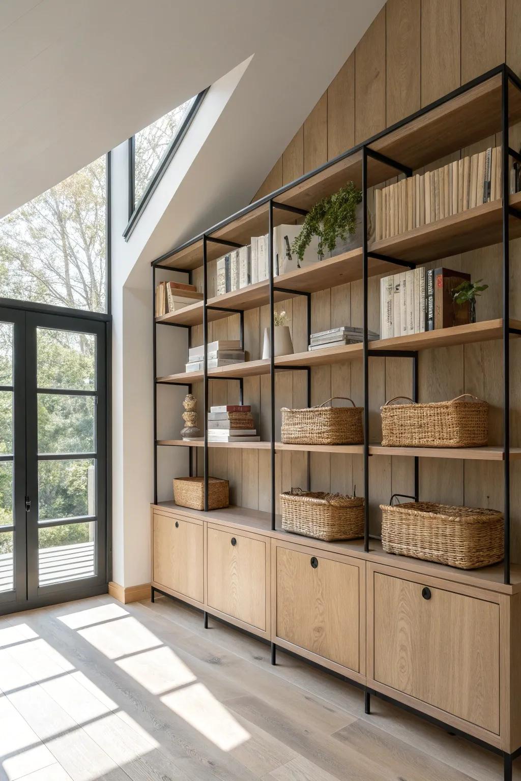 A loft classic: floor-to-ceiling shelves that balance double-height walls with style.