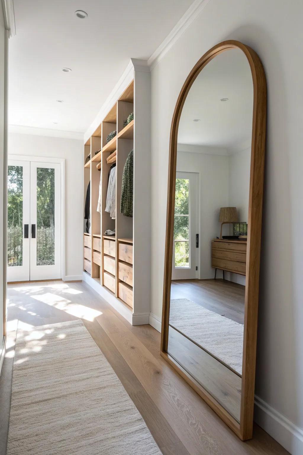 A full-length mirror at the end brightens a long closet and makes it feel instantly wider.