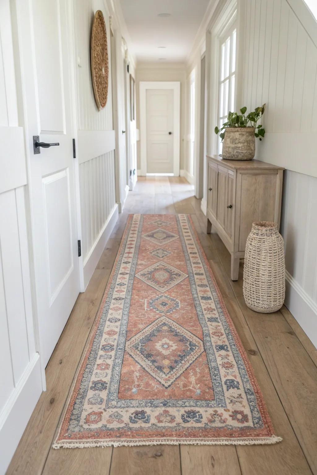 A faded medallion runner adds collected vintage charm and contrast to a long, airy hallway.