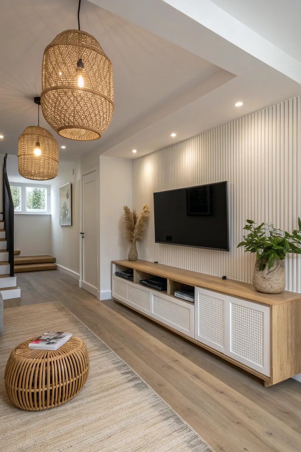 A slim media wall anchors a long, narrow basement—clean lines, warm light, zero bulk.