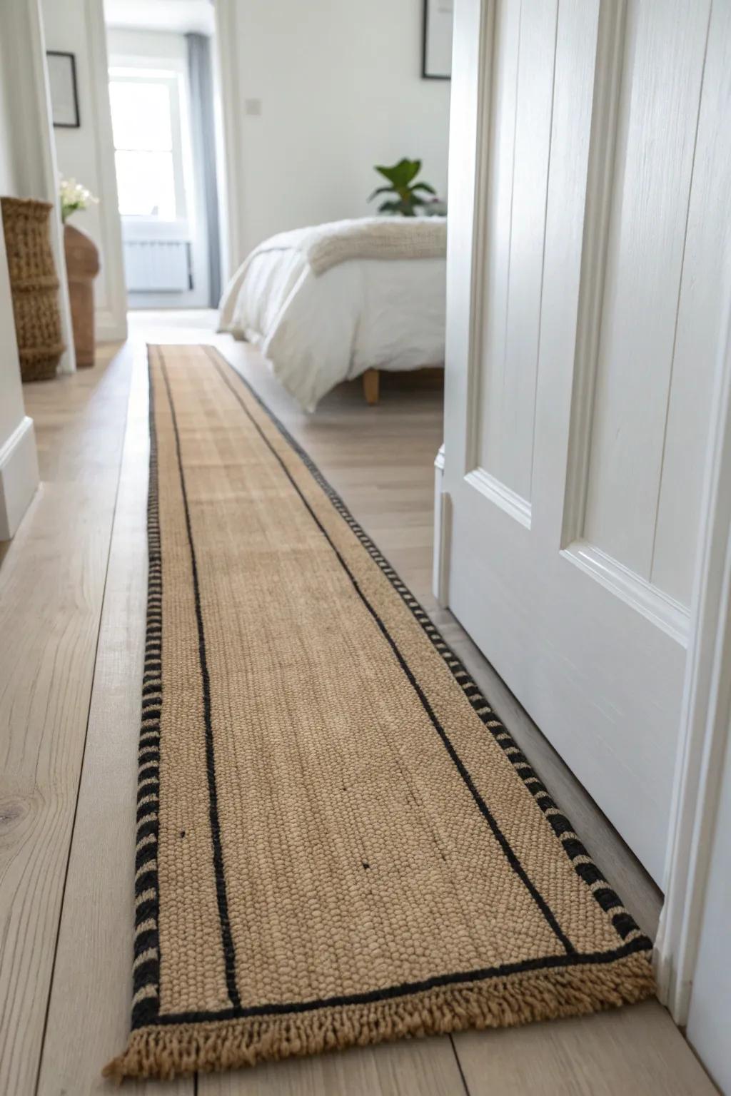 A handwoven jute runner creates one clear walkway—instantly making a long, narrow bedroom feel wider.