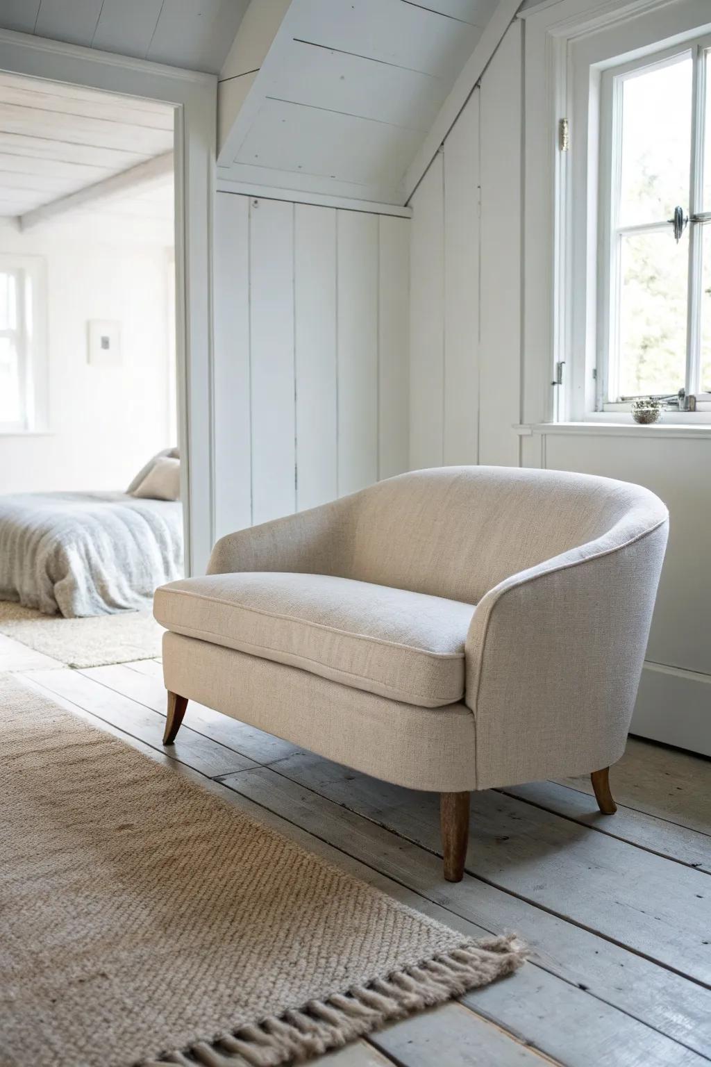 Float a slim loveseat off the bed for a breathable walkway that feels intentional in tight rooms.