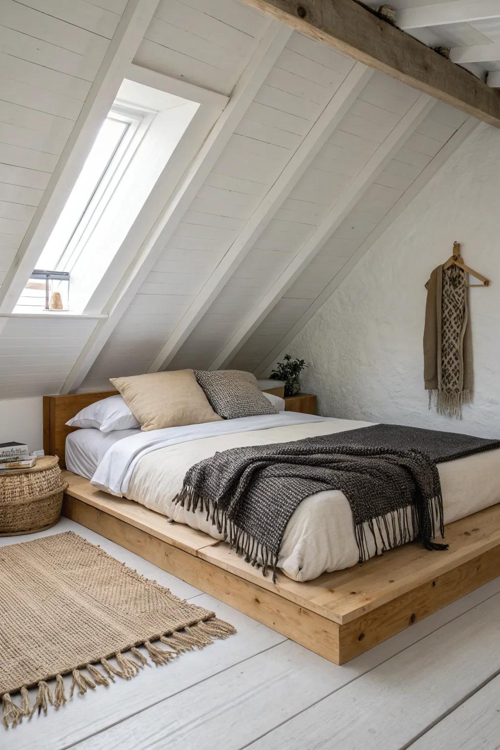 Tuck the bed under the eaves to keep the standing zone open—simple, airy low-ceiling style.