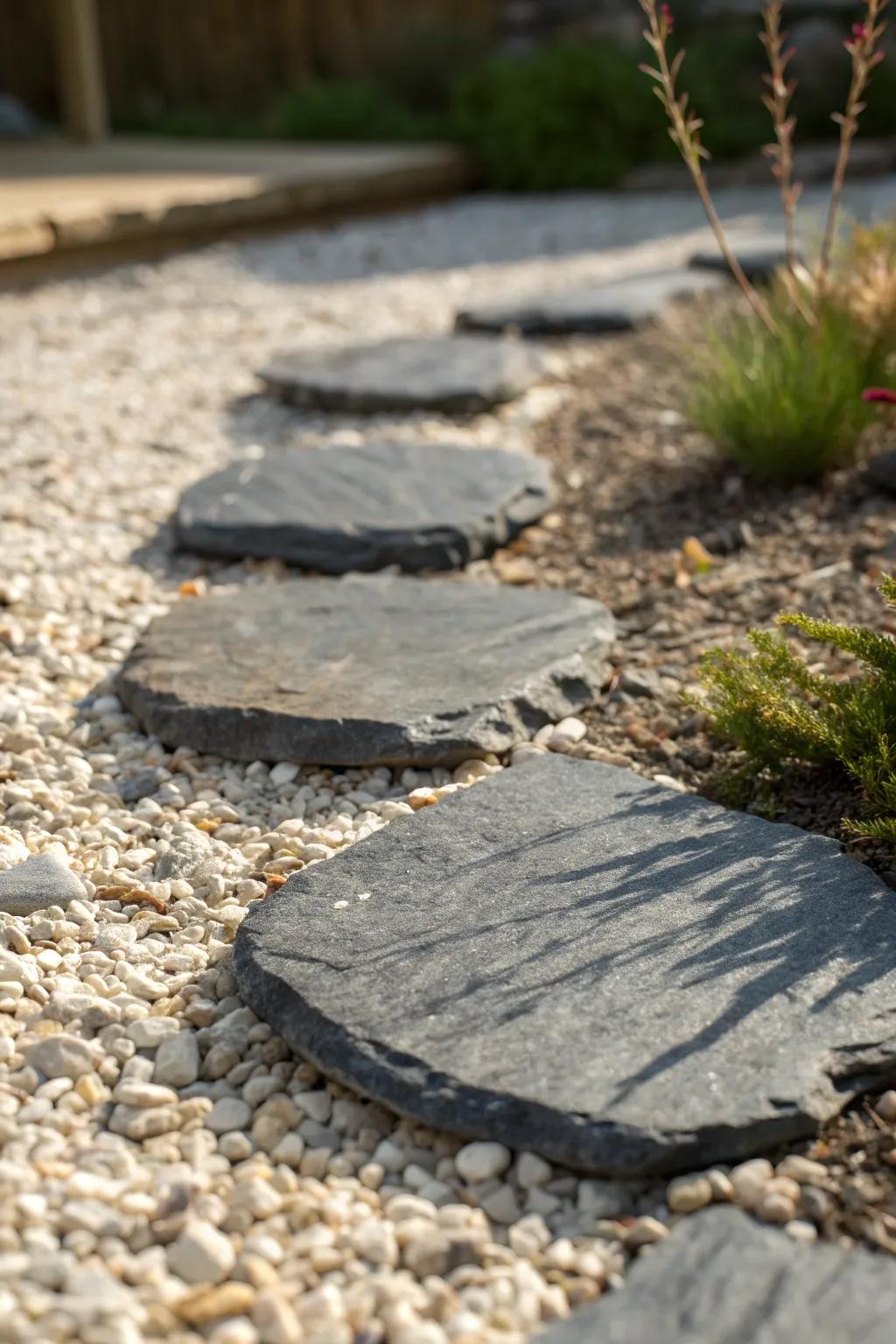 A bold stepping stone on crisp raked gravel—clean, calming, and almost zero upkeep.