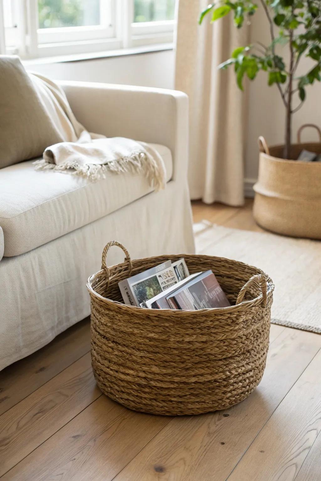 A woven basket by the sofa keeps magazines tidy, cozy, and guest-ready in seconds.