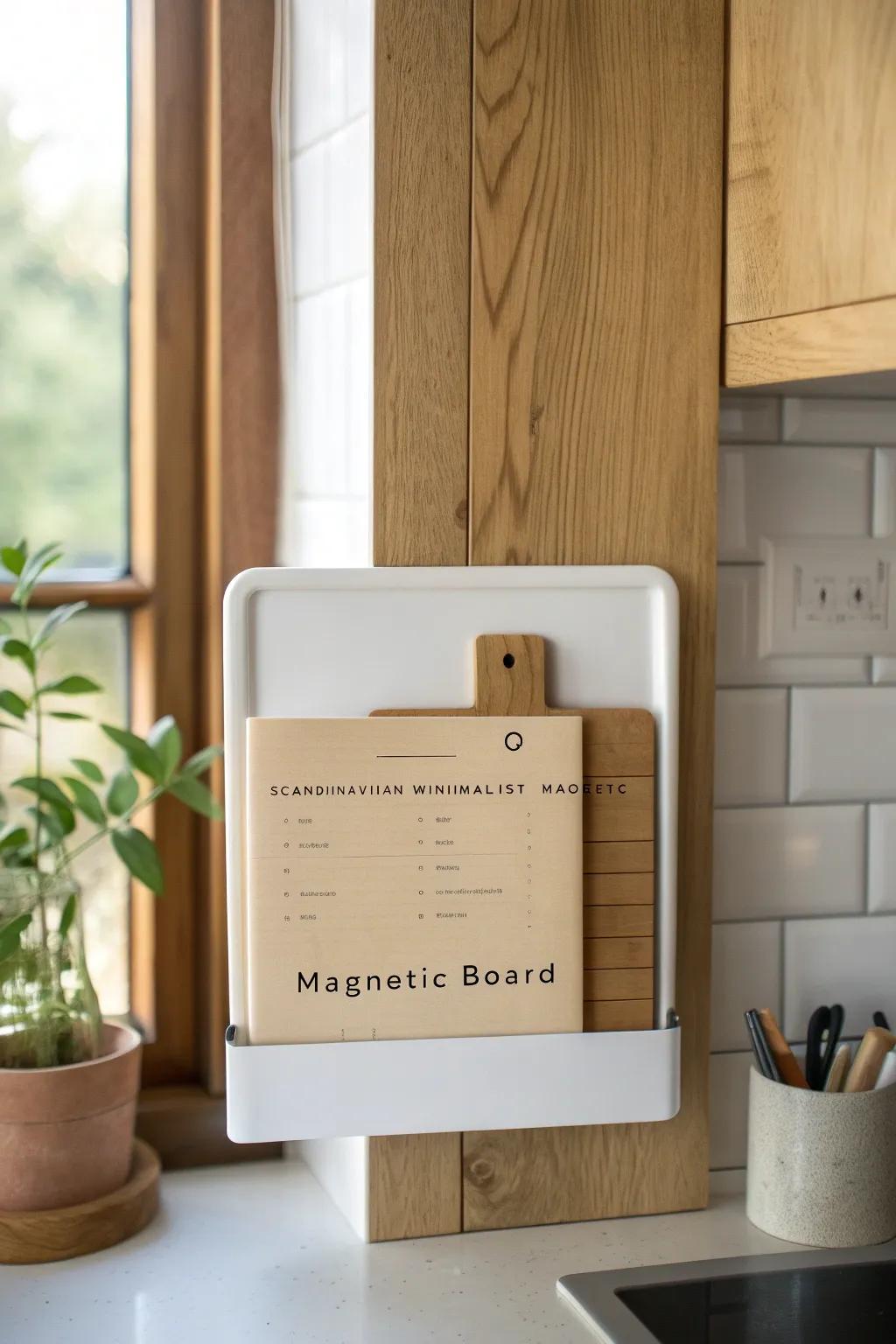 No-drill magnetic wall for grocery lists—minimal, warm, and easy to rearrange in seconds.