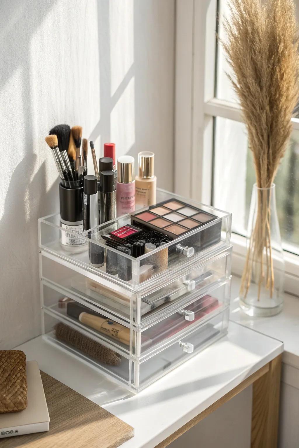 Clear stackable mini drawers: see every product, save space, and stop buying duplicates.