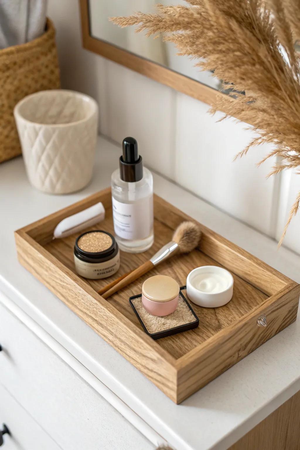 A daily essentials zone: one tray, your go-to face products, and a clutter-free vanity.