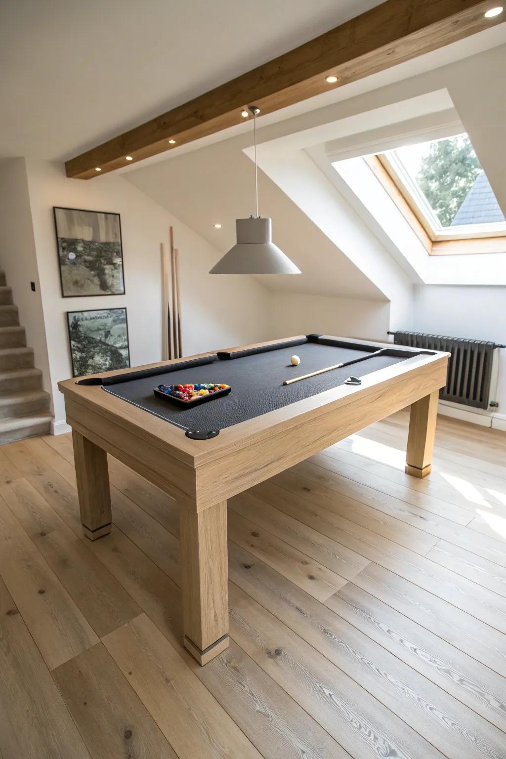 Center the pool table and keep the perimeter clear—small rooms instantly feel bigger.