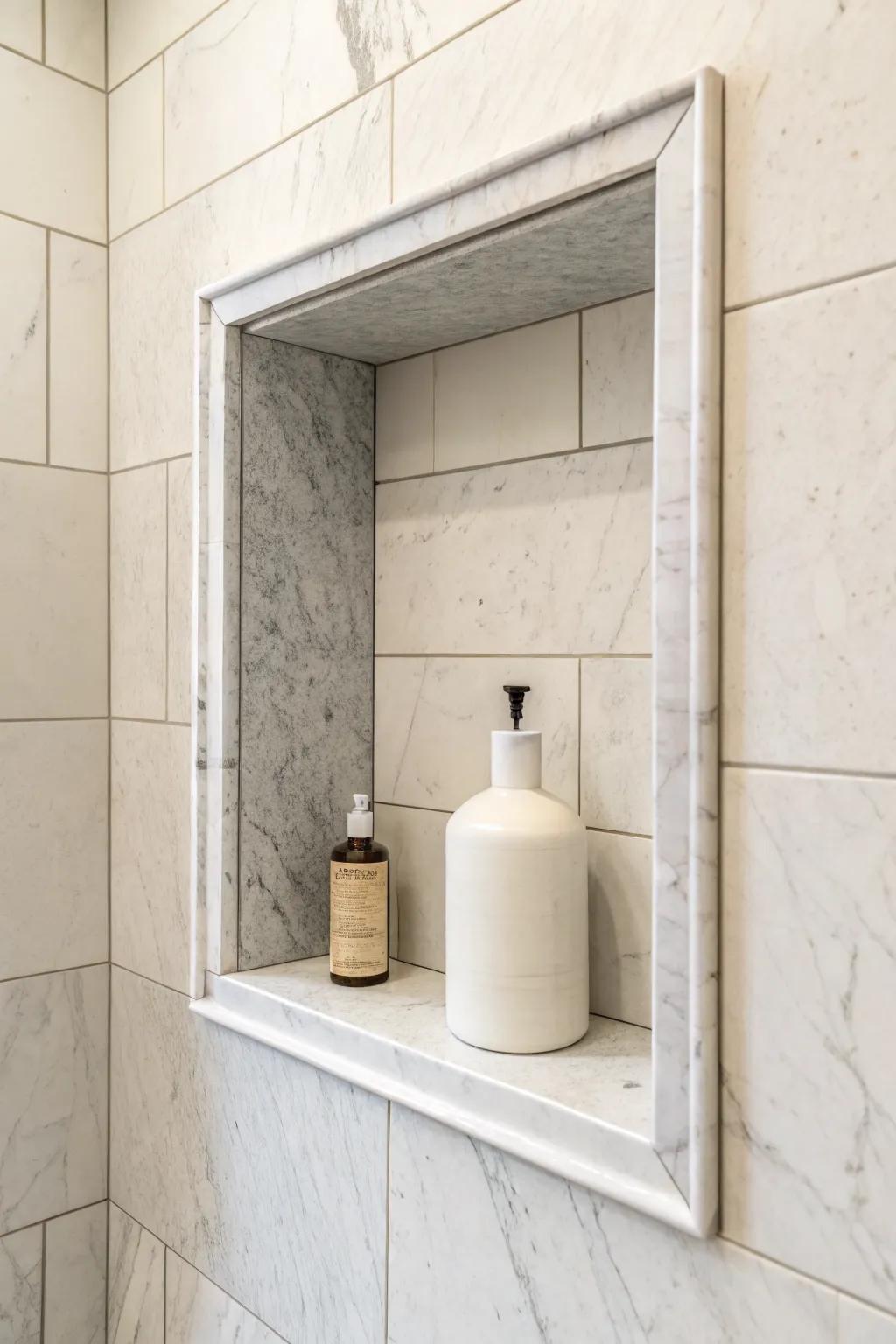 Picture-frame marble makes a simple shower niche feel like art—polished, rental-friendly, timeless.