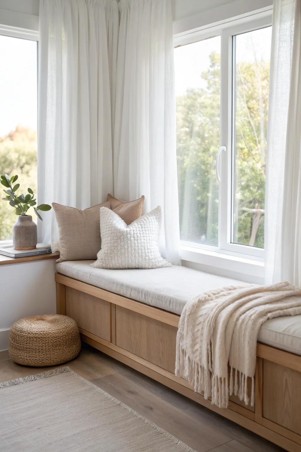 Bright bay-window bench seating makes a master bedroom reading nook feel custom, calm, and airy.