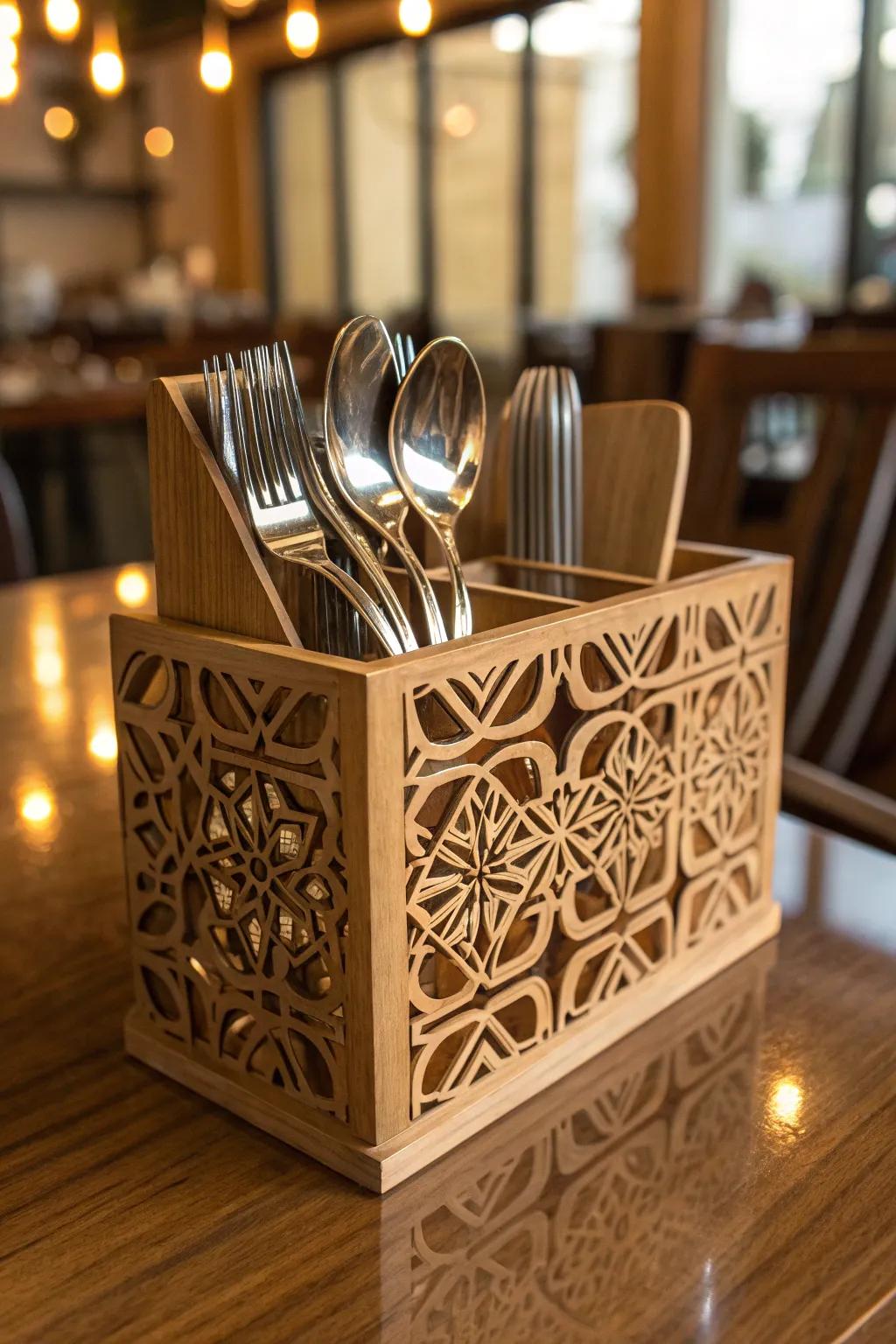 Elevate your organization game with this intricately designed laser-cut cutlery holder. Where style meets functionality.