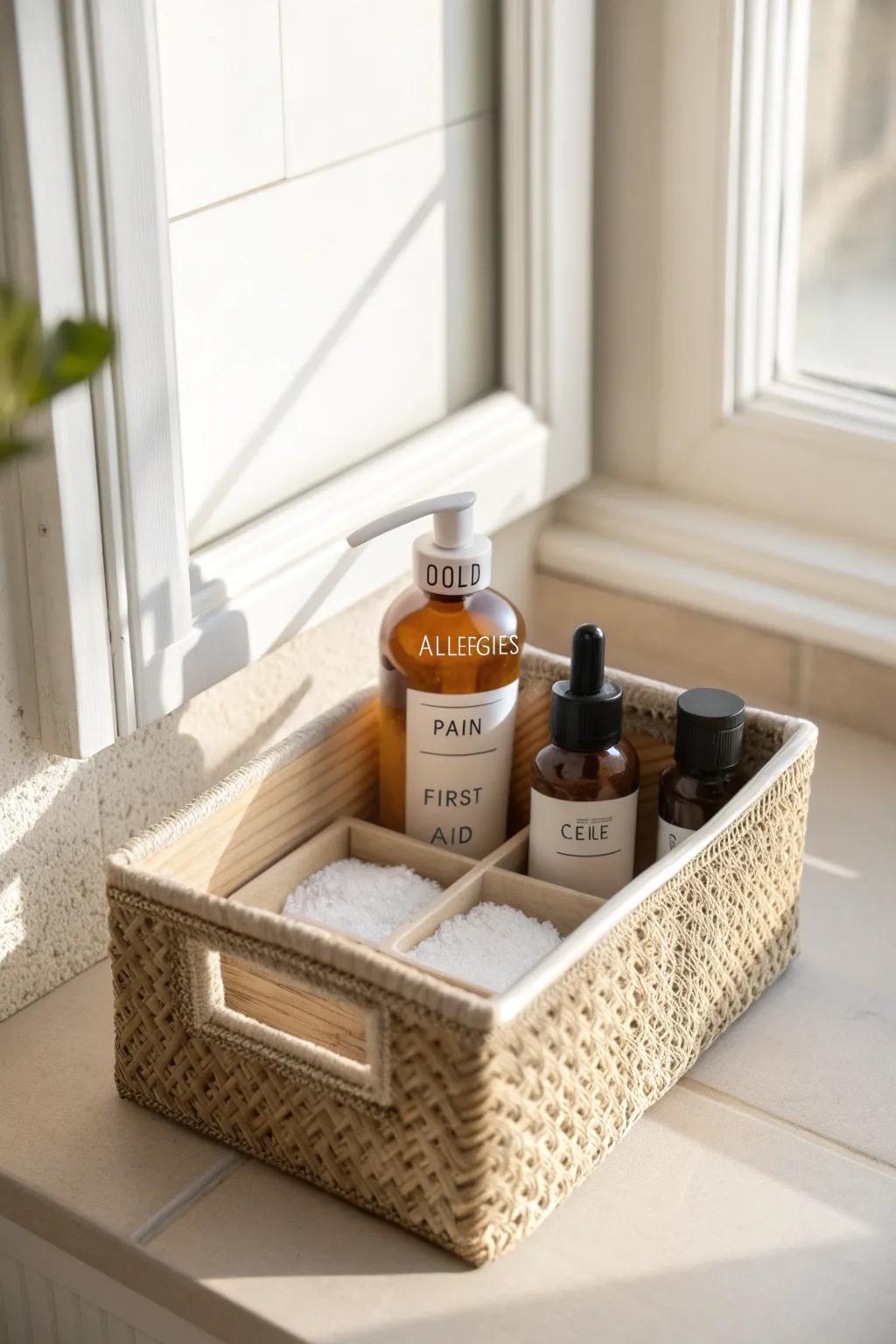 Organize meds by ailment—grab the right bin fast (cold, allergies, pain, first aid).