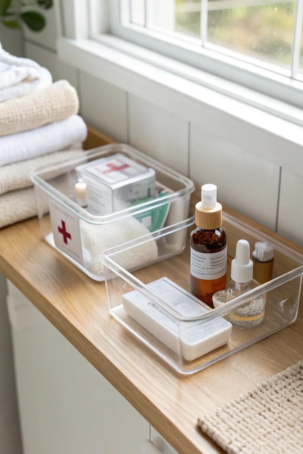 Matching clear bins make medicine easy to spot and even easier to put back.