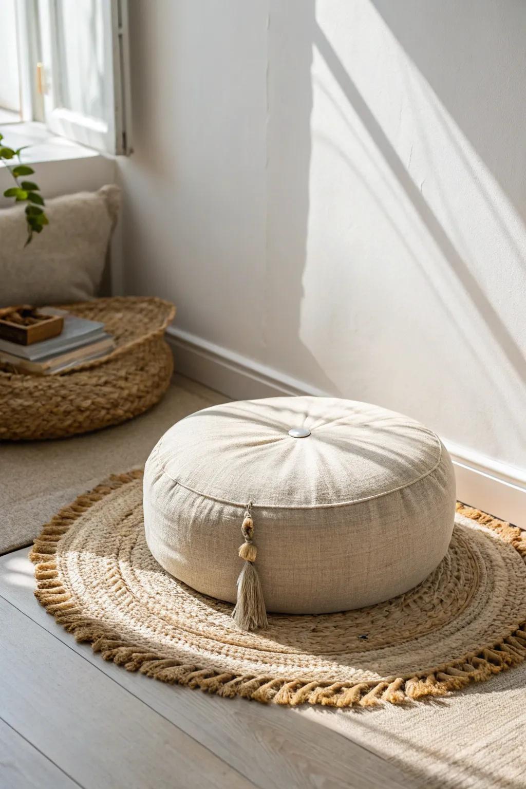 Classic calm: one linen cushion on a natural mat—minimal, cozy, and ready to breathe.