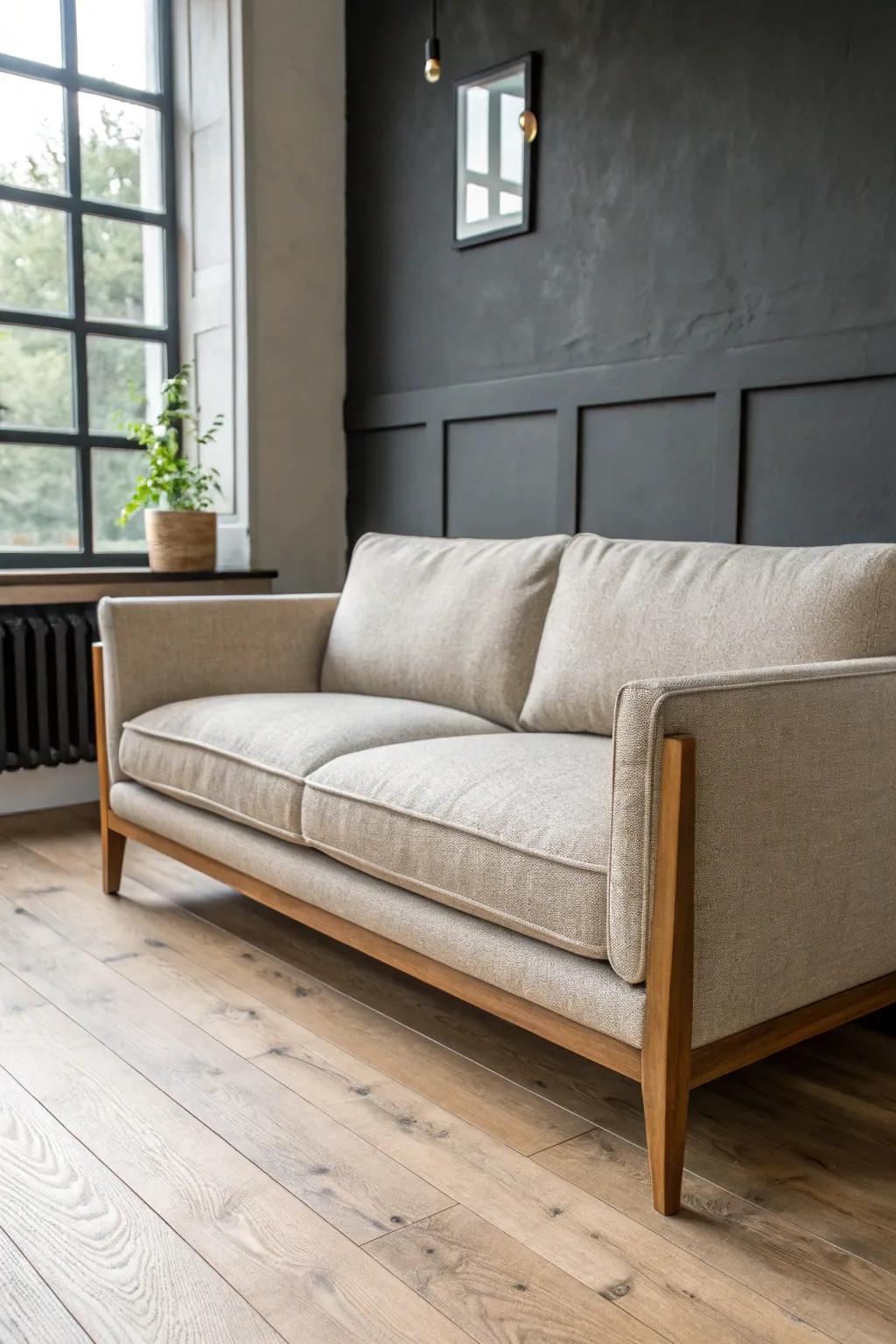 Low-profile, clean-lined sofa makes a small living room feel taller—ideal for men’s apartments.