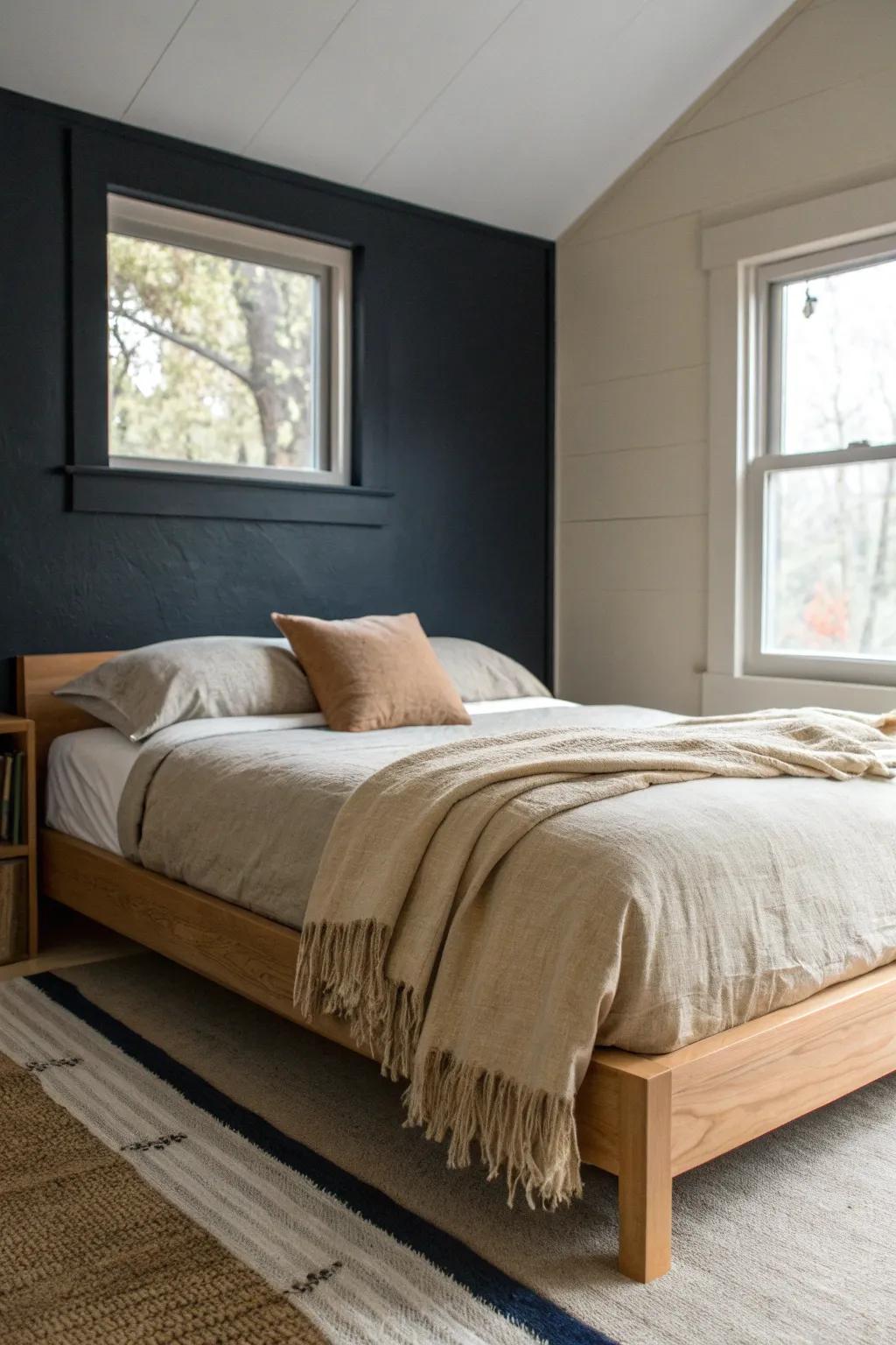 A charcoal accent wall makes a small bedroom feel moody and elevated—keep the rest light.