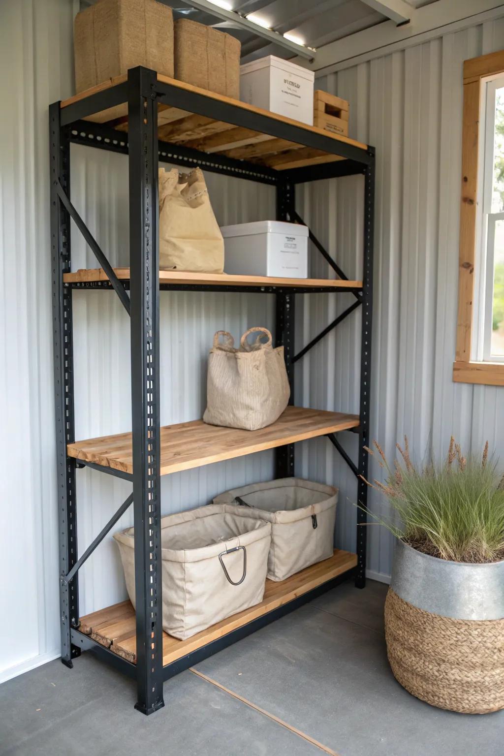 Heavy-duty shed shelving that keeps bulk items stable, accessible, and beautifully organized.