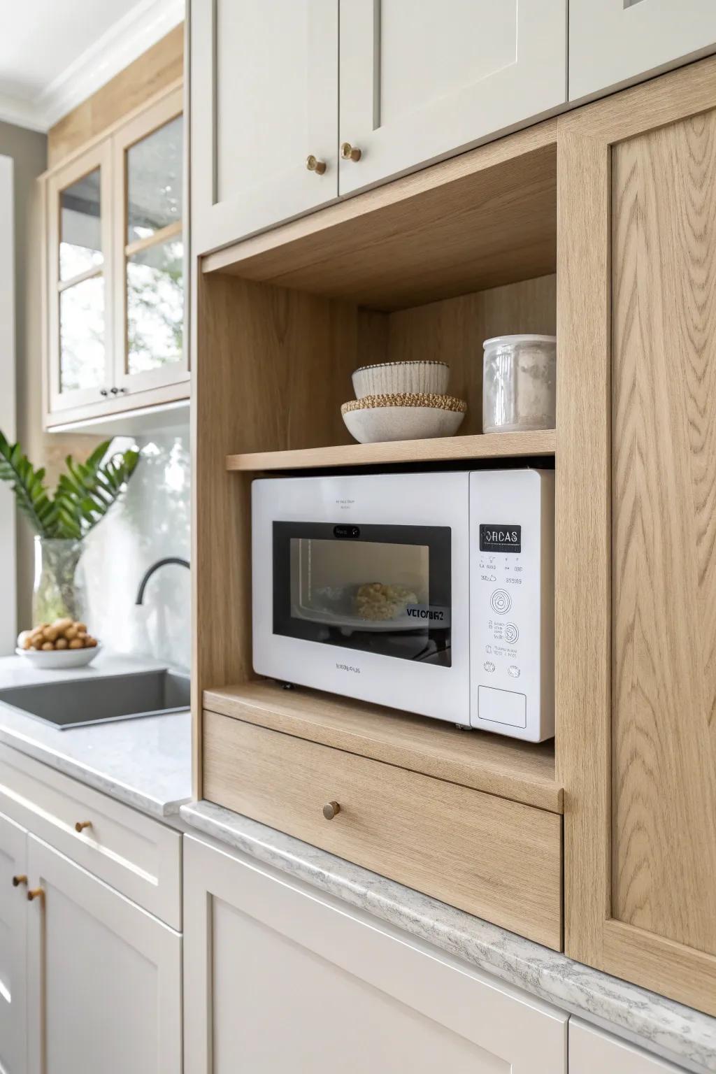 A slim trim frame makes a cabinet microwave look custom, clean, and beautifully built-in.
