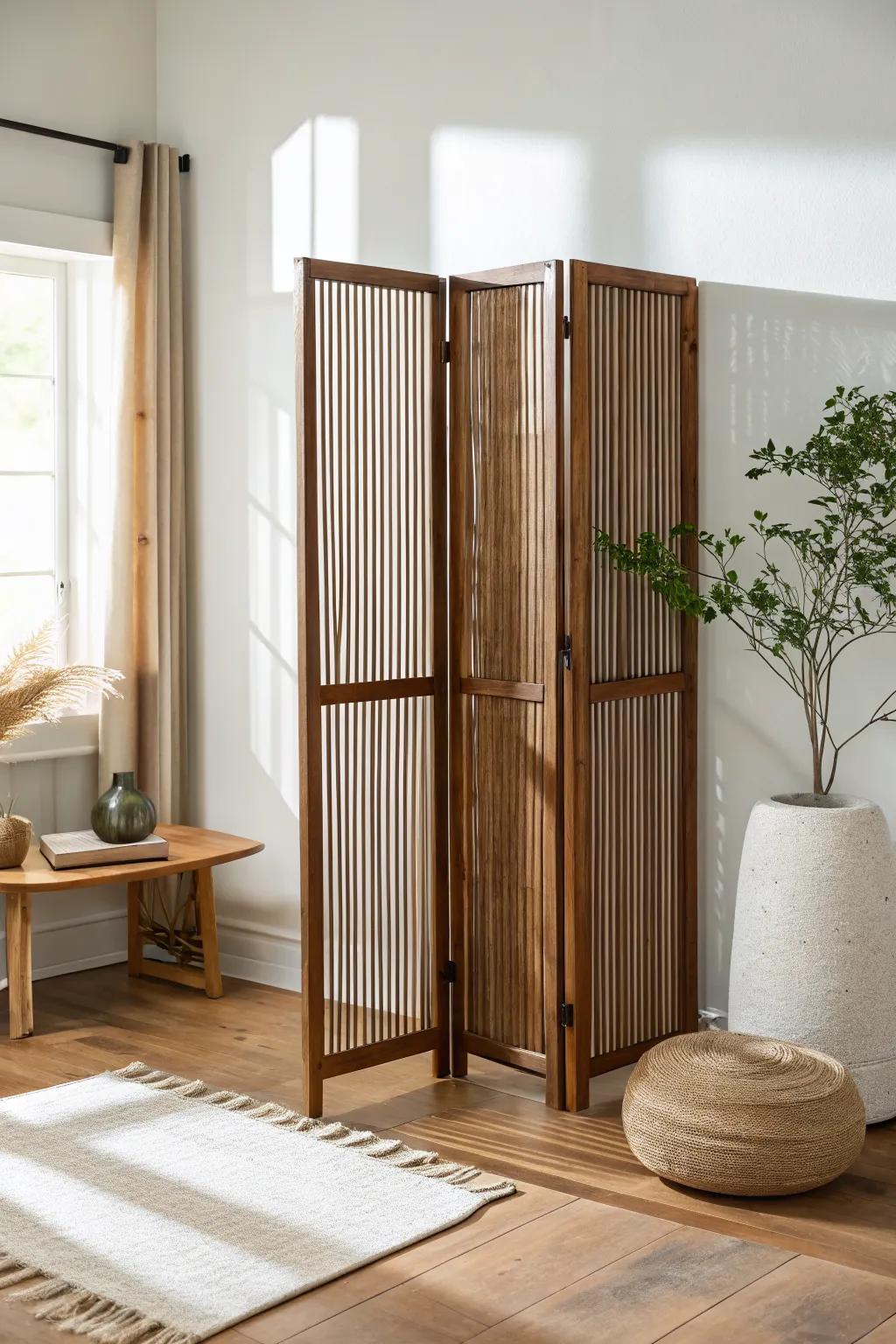 Warm mid-century vertical wood slats that divide a small space while keeping it bright.