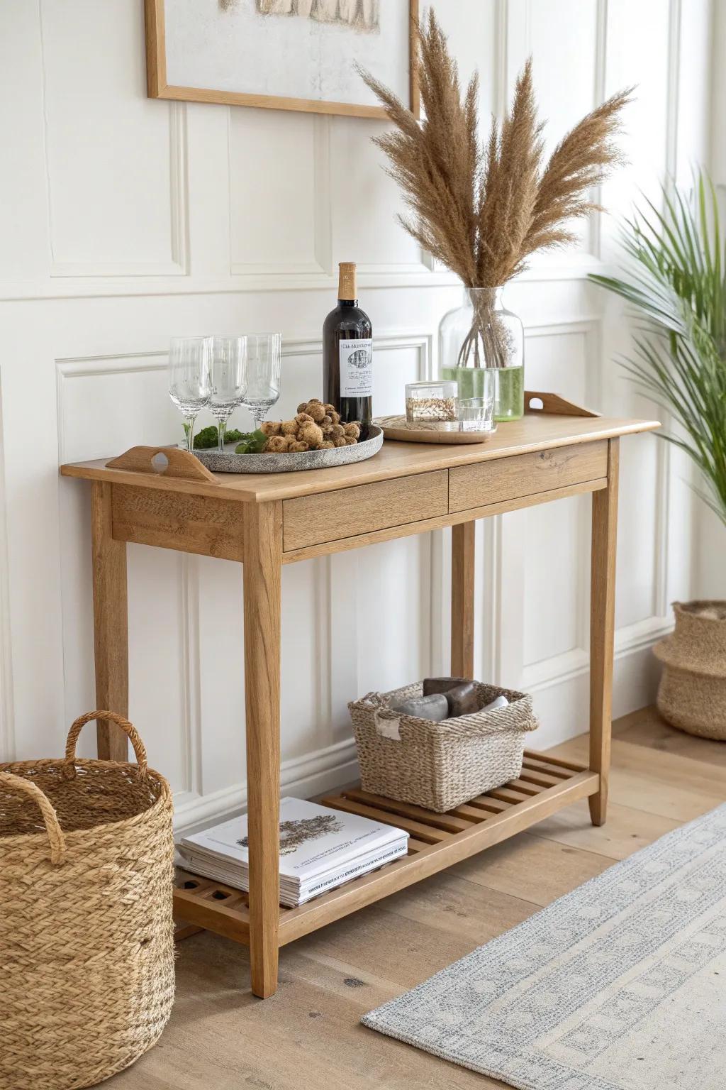 Turn a slim console into a chic mini bar with a tray corral and basket storage—perfect behind the sofa or in the entry.