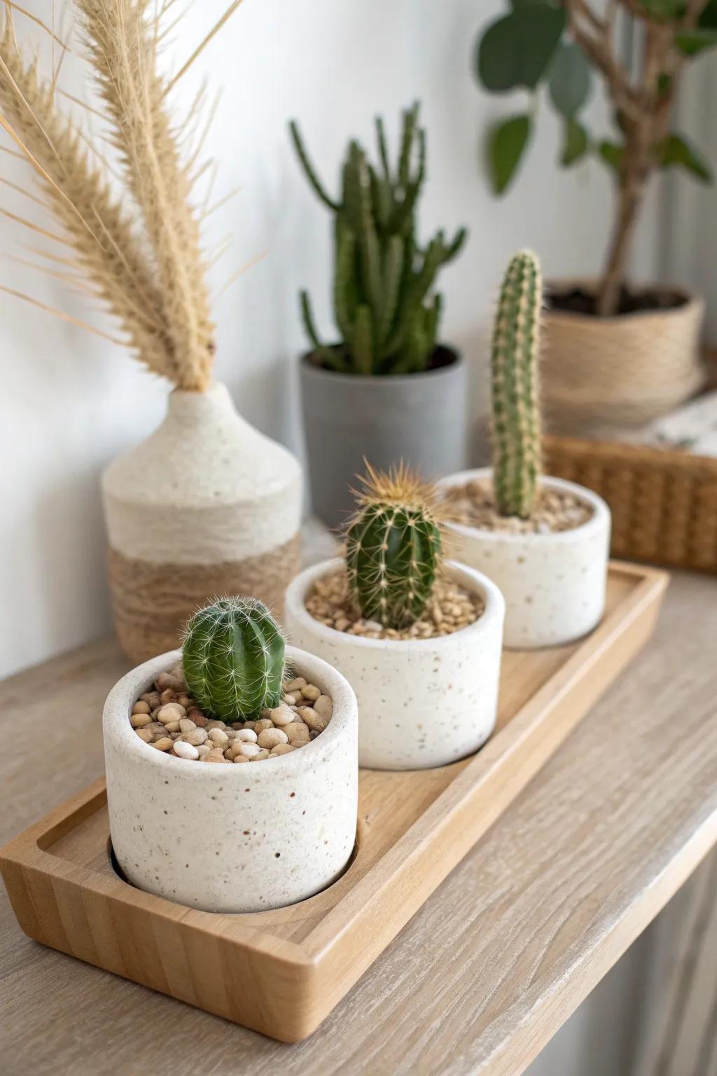 A matching trio of mini cactus gardens—short, medium, tall—for a fuller shelf look.