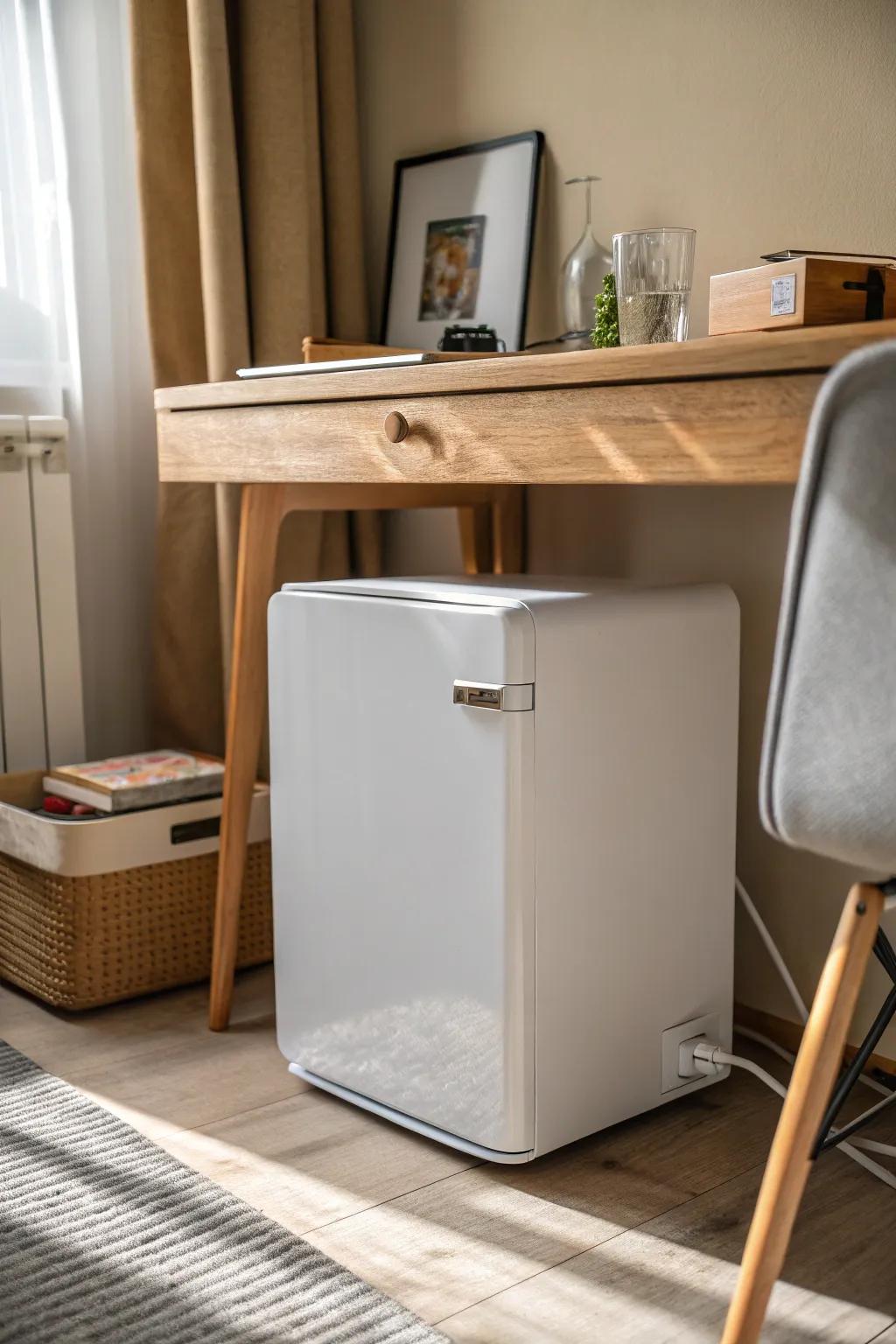 A chic mini fridge under a slim desk keeps bedroom drinks cold while staying beautifully tidy.