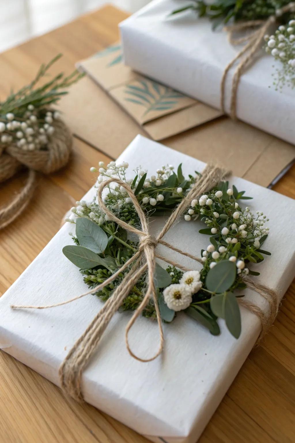 Turn simple wrapping into a gift-worthy moment with a mini wreath tied on with twine.