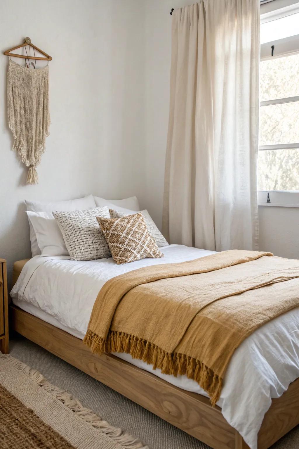 Soft whites + warm beige + pale wood: the easiest way to make a small bedroom feel bigger.