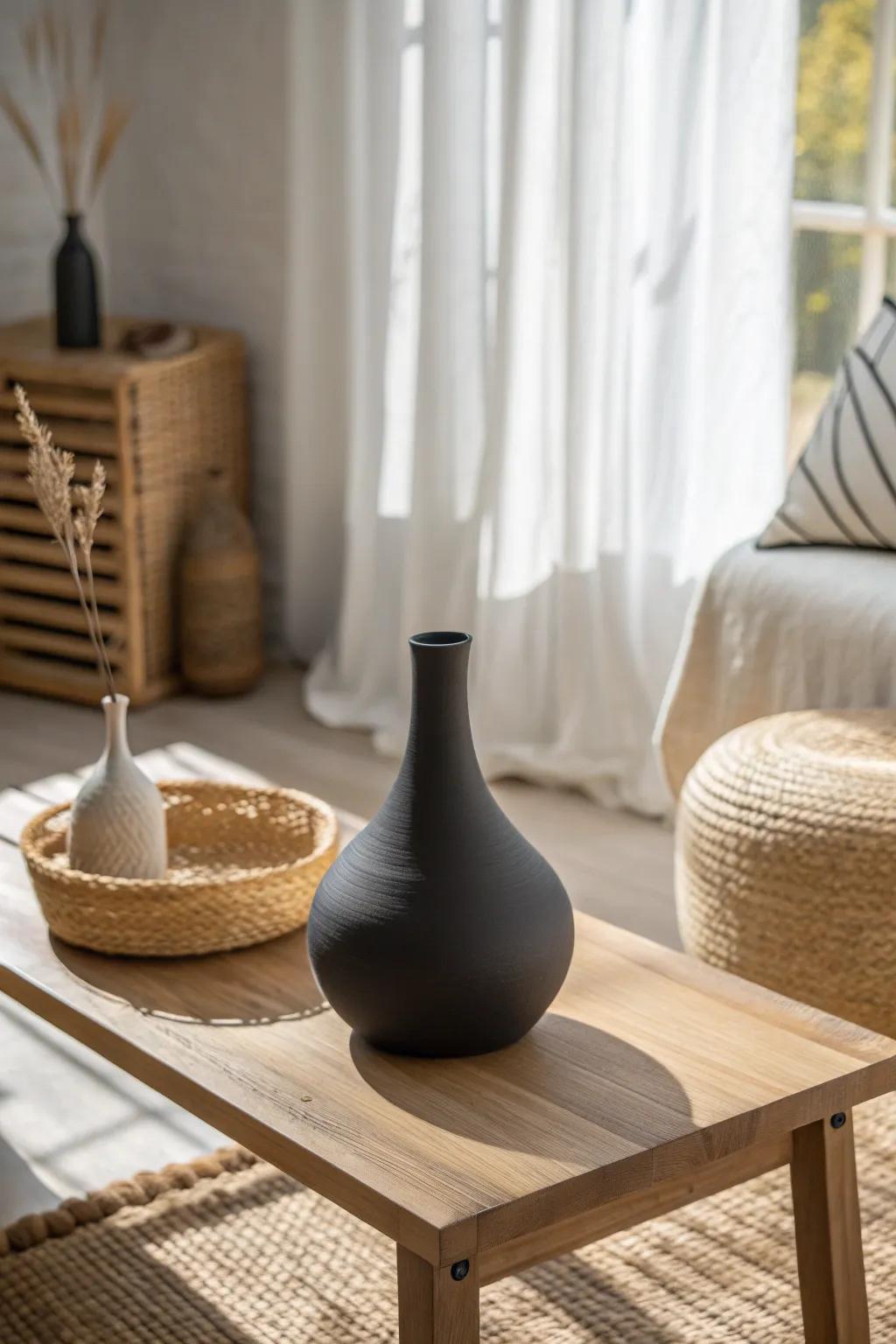 Clear one surface: a single handcrafted vase on an empty coffee table for instant calm.