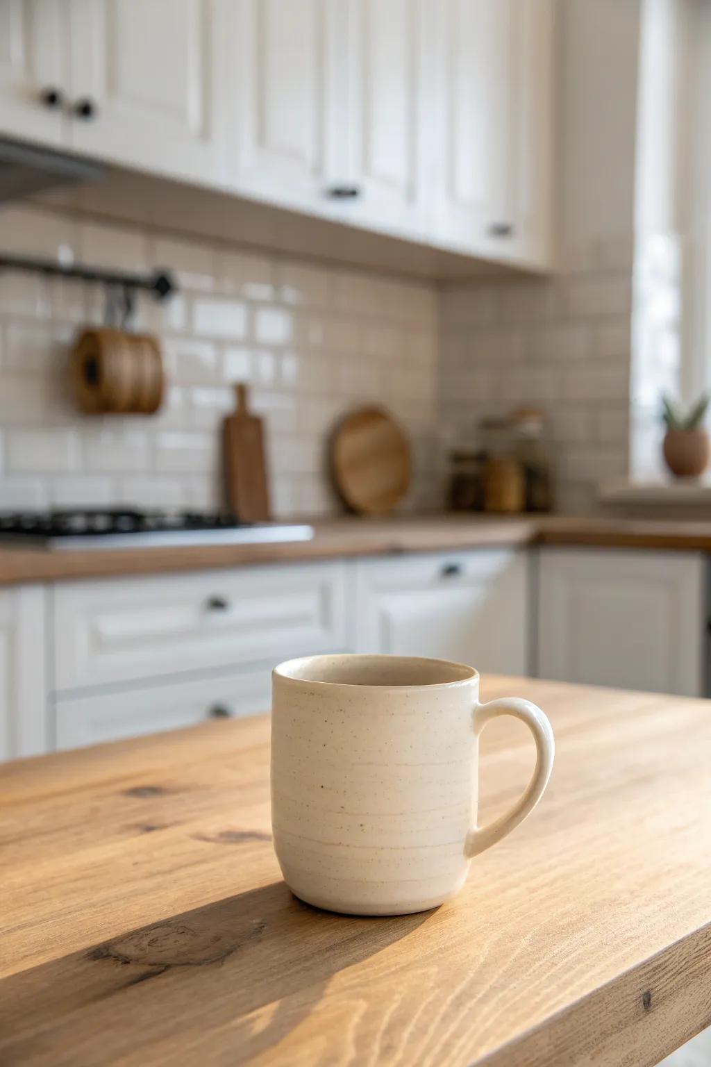 Warm whites + pale wood make even a tiny rental kitchen feel calm and intentional.
