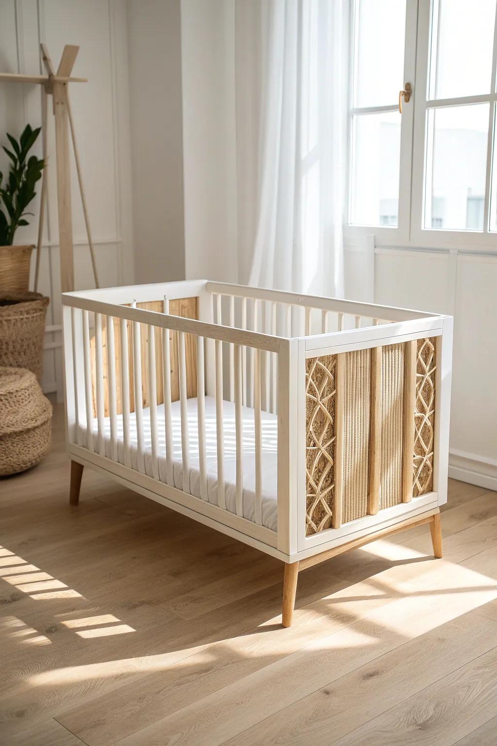 A simple, airy crib in light wood keeps a small nursery feeling open and serene.