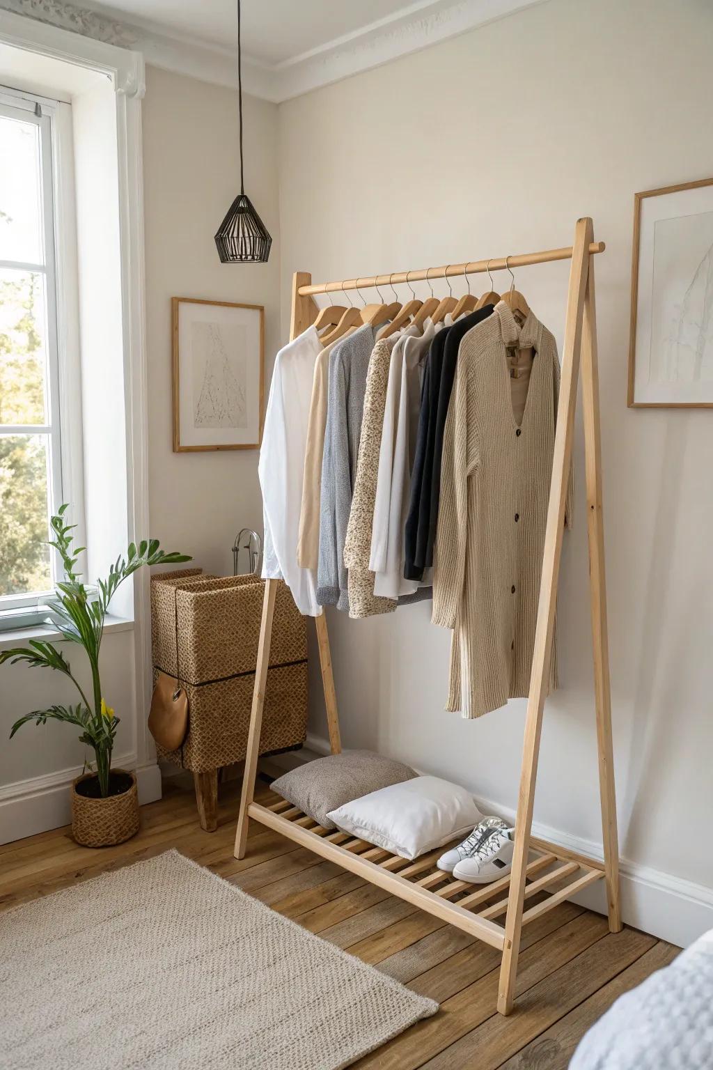 A mini capsule rail: 10–15 neutral staples that mix and match beautifully in a small space.