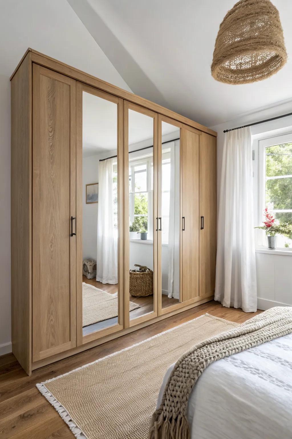 Floor-to-ceiling mirror doors lift the room and double the daylight in a tiny closet nook.