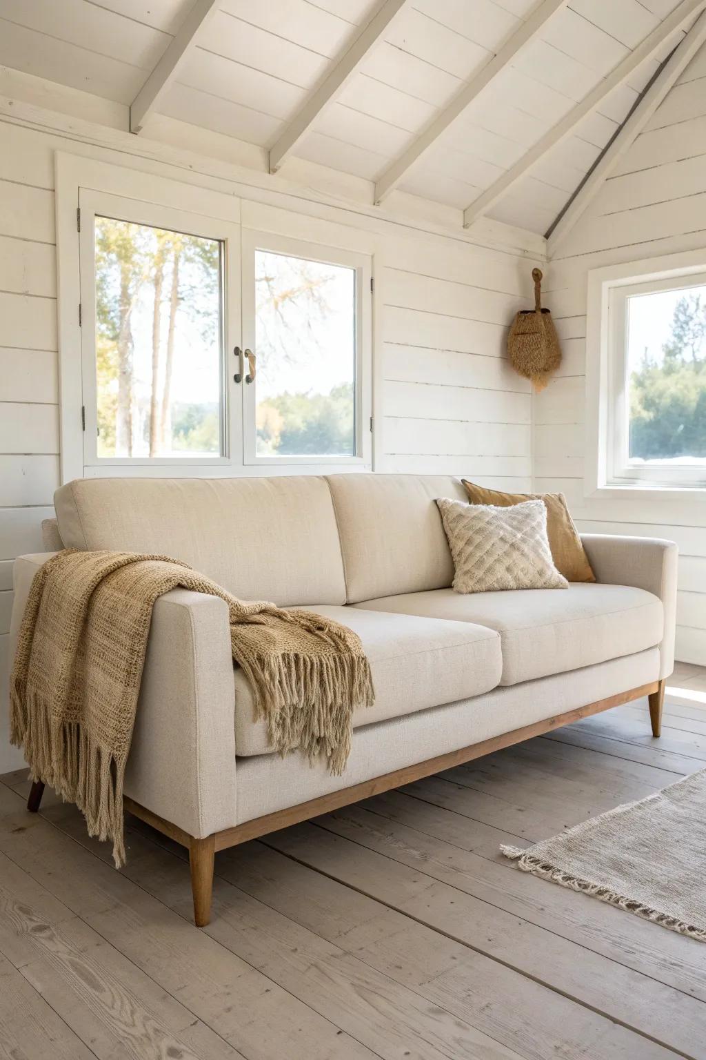 A low-profile sofa keeps mobile home living rooms feeling open, airy, and effortlessly cozy.